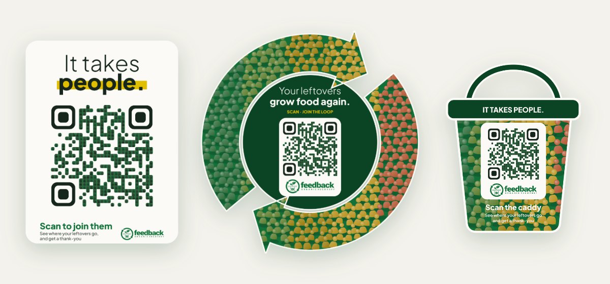Three Feedback Organic window decals: a QR code made of little people, the loop walked by people with a QR at its centre, and a life-size kitchen caddy made of people.
